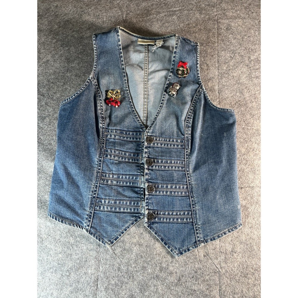 Chico's Women's Plus‎ Size1 Button Down Denim Vest With Holiday Pins 755